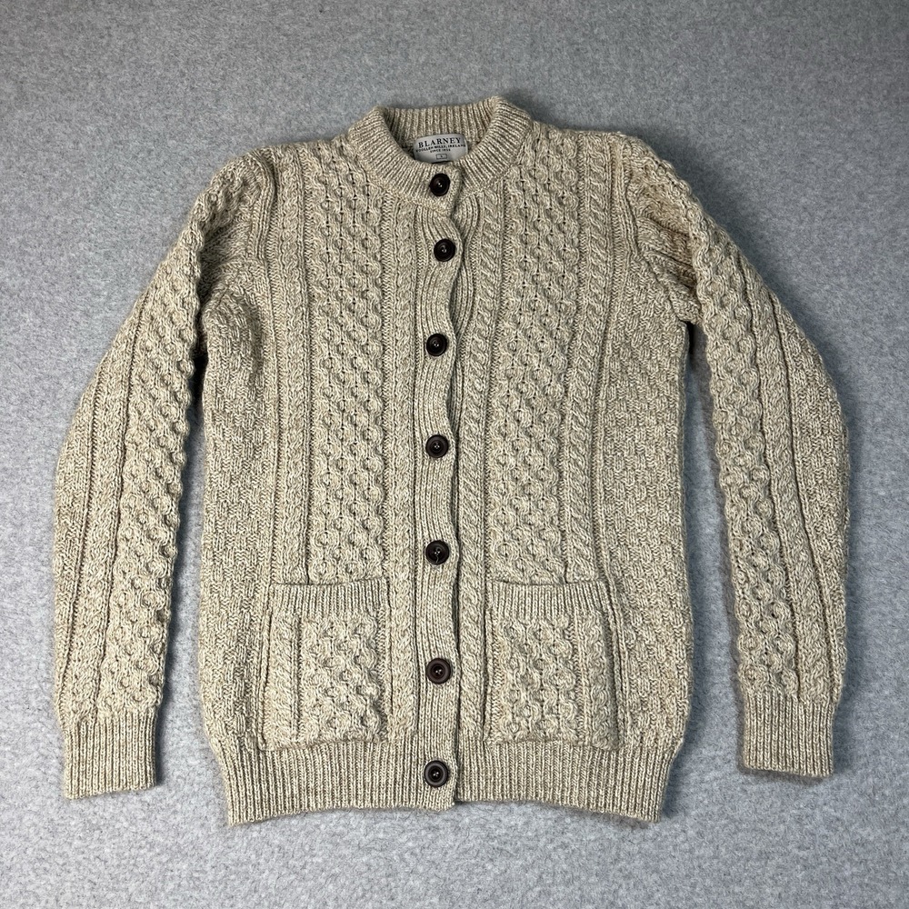 Blarney Woolen Mills Sweater Womens Small Beige Cardigan Merino Wool Cable Knit
